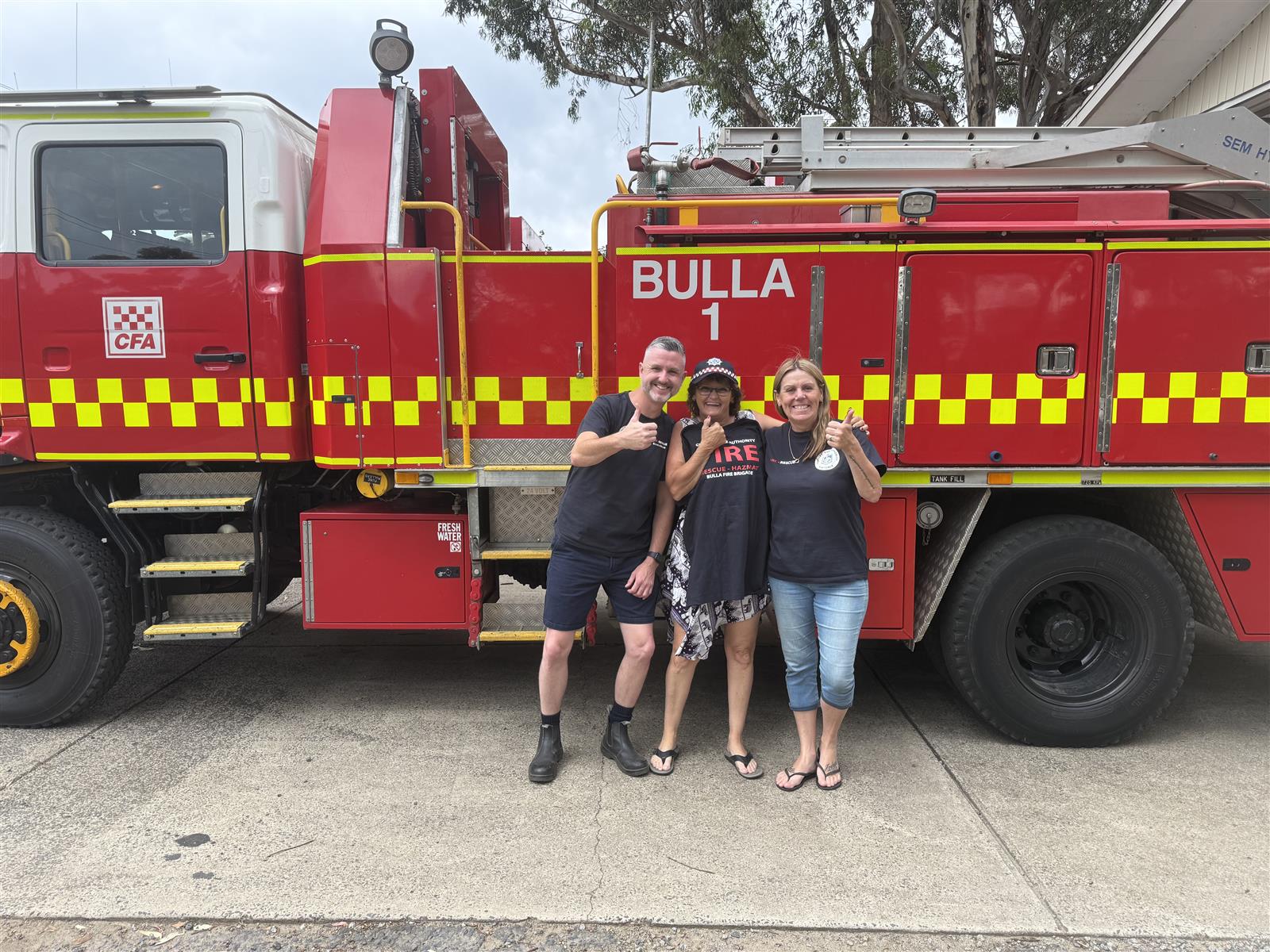 Captain Elvis Crook, Tracy Kierys and Anne Greelish at Bulla Fire Station in December 2024